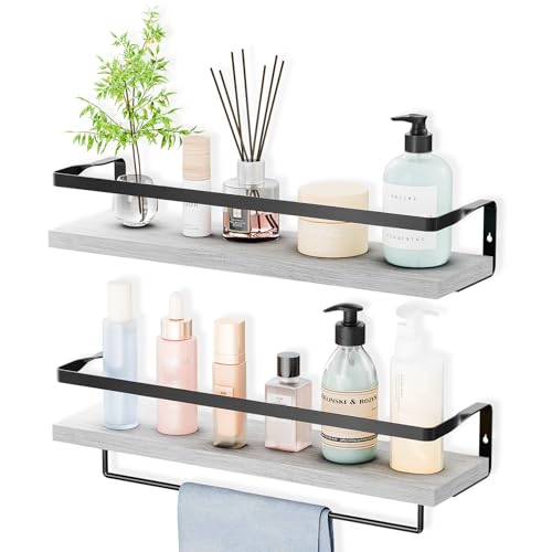 Bathroom Shelves with Towel Bar, Wood &Metal Frame, 2 Pack(White) | Floating Shelves for Bathroom, Kitchen, Living Room, Bedroom - color: White