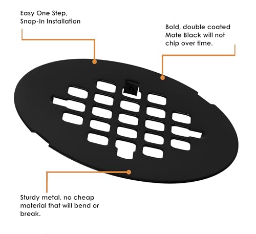 4 ¼” Matte Black Snap-in Shower Drain Cover - Premium Round Black Grate Replacement - 4.25" OD Strainer - Easy Install - Durable Solid Brass Construction - color: Black