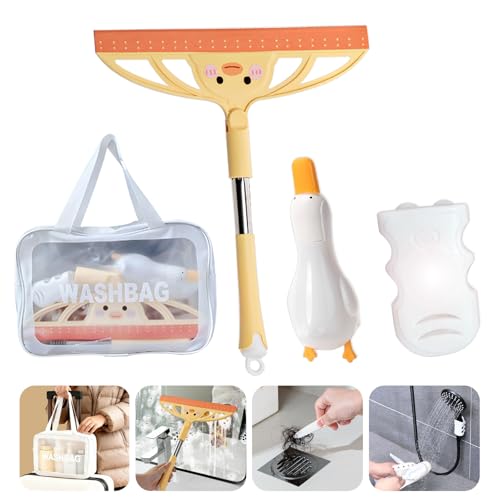 3-in-1 Bath&Kitchen Cleaning Set,Shower Squeegee for Shower Doors, Bathroom,Window and Car Waterproof Bag, Hair Catcher, Suction Cup Shower Head Holder for Deep Cleaning