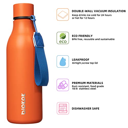 BJPKPK Insulated Water Bottles, 18 oz Stainless Steel Metal Water Bottle with Strap, BPA Free Leak Proof Jugs, Mugs, Flasks, Reusable Thermal Flasks for Sports & Travel, Orange - color: Orange, size: 18 Ounces, style: 18oz