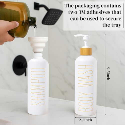 3-Pack 16oz Refillable Glass Shower Dispenser Set with Bamboo Pump, Tray, and Funnel for Shampoo, Conditioner, and Body Wash – Perfect for Bathroom and Guest Rooms (White)