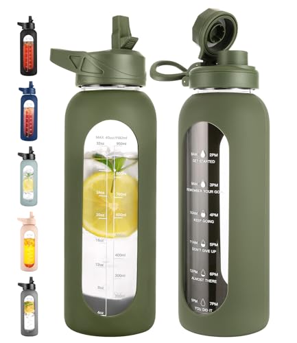 CIVAGO 40 oz Glass Water Bottle with Straw and Handle, Large Sports Motivational Water Bottle Flask with Time Marker and 2 Lids, Leakproof Water Jug Canteen with Silicone Sleeve for Gym, Army Green - color: .Army Green, size: 40 Ounces