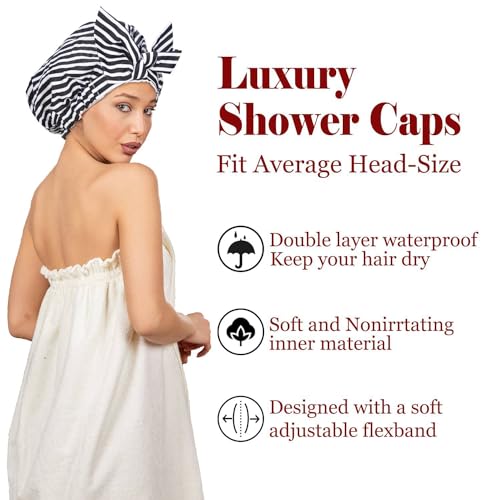 Luvruitaky Shower Cap Luxury Shower Caps for Women Reusable Waterproof Hair Cap for Shower with Adjustable Bowknot Hair Bath Cap (Black Stripe) - color: Black Stripe