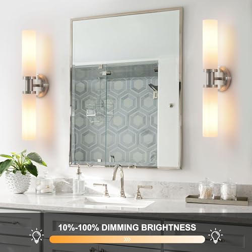 Wall Sconces Set of Two,Brushed Nickel Bathroom Sconces Wall Lighting with White Glass, Modern Sconces Wall Decor Set of 2 Wall Light fixtures for Bathroom Mirror Living Room Hallway Bedroom Wall Lamp - color: brushed nickel white