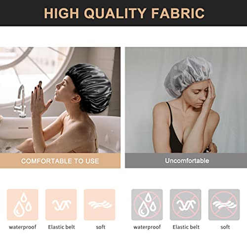 Aquior Shower Cap, Extra Large Shower Cap for Men, Satin EVA Double Layer Waterproof Reusable Hair Cap for Women Long Hair(All Black 4 Pack)