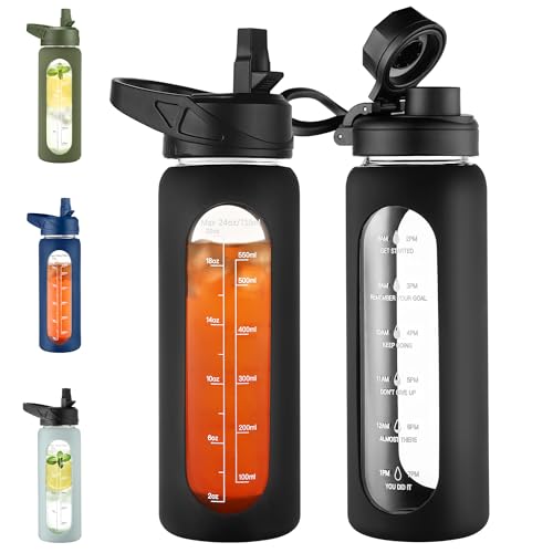 CIVAGO 24 oz Glass Water Bottle with Straw and Handle, Large Sports Motivational Water Bottle Flask with Time Marker and 2 Lids, Leakproof Jug Canteen with Silicone Sleeve for Gym, Black - color: Black, size: 24 Ounces