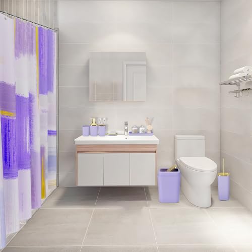 XLHOMO Purple Bathroom Accessories Set, Bathroom Sets with Shower Curtain, Purple Bathroom Accessories with Trash Can, Soap Dispenser, Soap Dish, Toilet Brush Holder, Qtip Holders for Bathroom - color: Plaid Purple & Gold, size: Complete Set