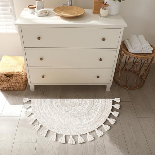 Cotton Half Circle Boho Bathroom Rug with Antiskid 22"x36" Ivory – 100% Cotton Scalloped Bath Mat, Anti?Skid, Soft & Absorbent Bathroom Rug for Shower, Tub & Entryway - color: Ivory, size: 22"x36" - Half Circle
