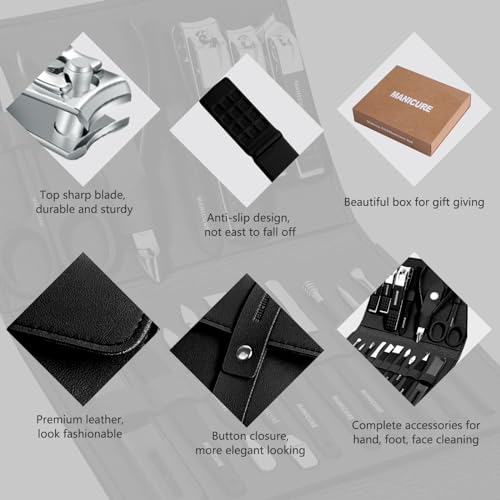 Manicure Set Professional Nail Clippers Pedicure Kit, 16 pcs Stainless Steel Nail Care Tools Grooming Kit with Luxurious Travel Leather Case for Thick Nails Men Women Gift (Black) - color: Black