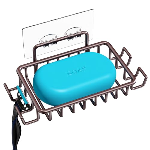 Nieifi Soap Dish Holder with 4 Hooks Stainless Steel Bronze Adhesive for Shower, Bathroom - color: Brown, size: 1 Pack