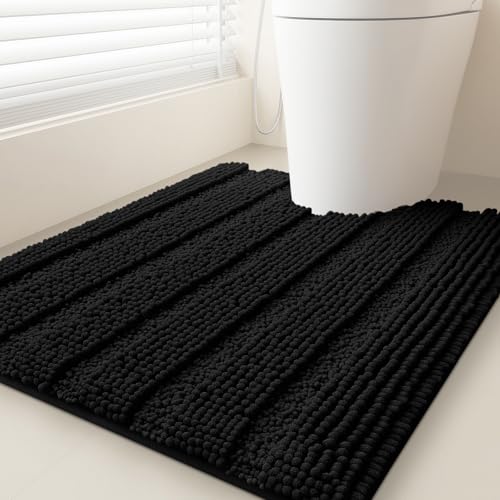 ACCUMTEK Striped Black Toilet Bathroom Rug Mat 24" x 20" Contour Rug Ultra Soft, Non Slip Chenille Bath Rugs, Absorbent Plush Shaggy Bath Mats for Bathroom, Bedroom, Kitchen, Shower, Tub - color: Black, size: 1'8" x 1'11" (Rectangular)
