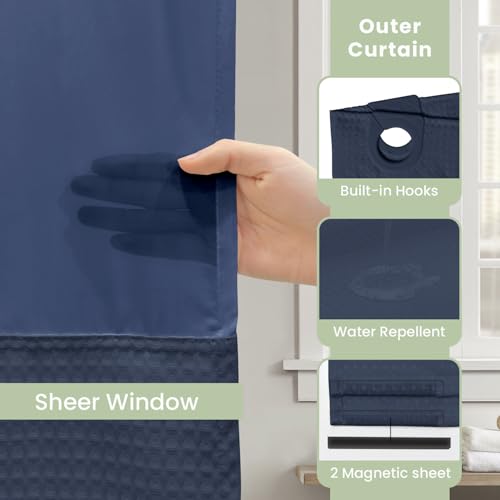 Inhousolu No Hook Shower Curtain with Snap-in Fabric Liner, Waffle Weave 230 GSM Polyester, Weighted Hem, Water Repellent Washable, Mesh Top Window 72" W x 72" L Navy Blue - color: Navy Blue, size: 72"W x 72"L (Pack of 1)