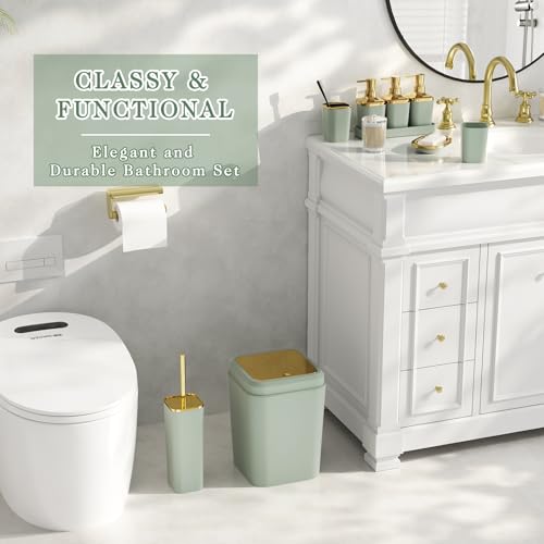 Bathroom Set - 11PC Bathroom Accessory Set, Bathroom Accessories Set, Sage Green Bathroom Set, Push-lid Trash Can, 3PC Soap Dispensers, Toilet Brush & Q-tip Holders - color: Sage Green & Gold, size: Bath Set