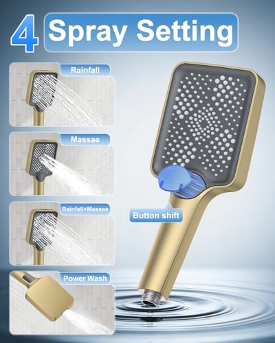 Shower System 13-Inch Rainfall Shower Head - 3 Setting Handheld Sprayer, Complete Bathroom Set with Faucet Mixer Trim Kit & Valve Brushed Gold - color: Brushed Gold, size: 13''