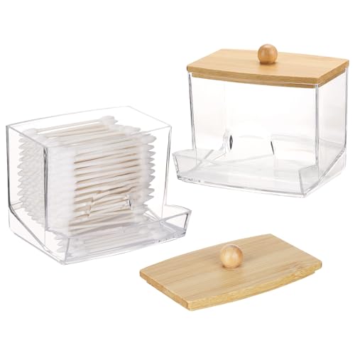 Tbestmax 2 Pack 10oz Qtip Holder Dispenser with Bamboo Lids, Big Clear Bathroom Organizer Accessories Decor for Storage-Qtips Cotton Ball Holder Apothecary Jars, Cotton Swabs, Floss Container - color: 2Pcs-Brown