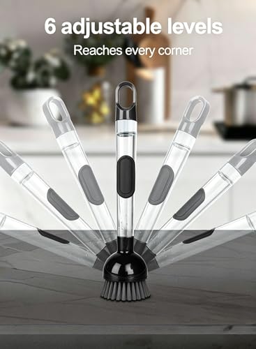 Soap Dispensing Dish Brush with Handle, 360° Rotating Head, 5-Piece Kitchen Cleaning Set (2 Brush Heads & 3 Sponges), Non-Scratch Scrubber for Pot, Pan, Sink, Leak-Proof Dishwand, Black - color: Black