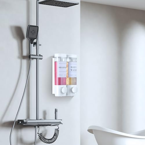 Shampoo and Conditioner Dispenser Bathroom Shower Soap Dispenser Wall Mounted Shampoo Dispenser for Shower Wall No Drill 2 * 300ml White 2 Chamber with Waterproof Labels Self - color: White 2