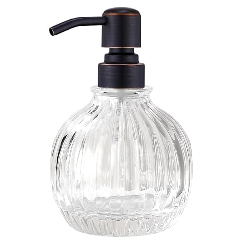 Round Soap Dispenser Bathroom with Oil Rubbed Bronze Pump, Glass Bottle with Stainless Steel Pump Liquid Sphere Soap Dispenser Circular Countertop Kitchen - color: Oil Rubbed Bronze, size: 11oz-Round
