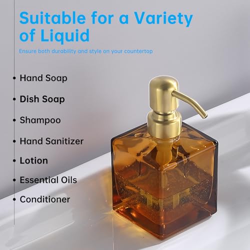 Square Bathroom Soap Dispenser Amber Bottle with Brushed Gold Pump, Retangle Cube 8.4 oz Glass Bottles with Stainless Steel Pump Hand Liquid Soap Dispenser Kitchen - color: Amber and Brushed Gold, size: 8.4oz-Square