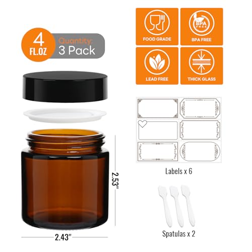 4oz Airtight Glass Jars with Lids, 3 Pack Amber Empty Small Cosmetic jars | Small Cosmetic Containers with Inner Liners, Leak-Proof Travel Jars for Lotions, Scrubs, and Candle Making, Labels & Spatulas - color: Amber-4oz-3pcs
