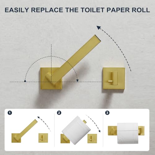 Toilet Paper Holder Wall Mount Brushed Gold, Stainless Steel Toilet Tissue Roll Holder Bathroom Square Toilet Paper Towel Roll Holder, Double Post Pivoting Tissue Handle - color: Brushed Goled