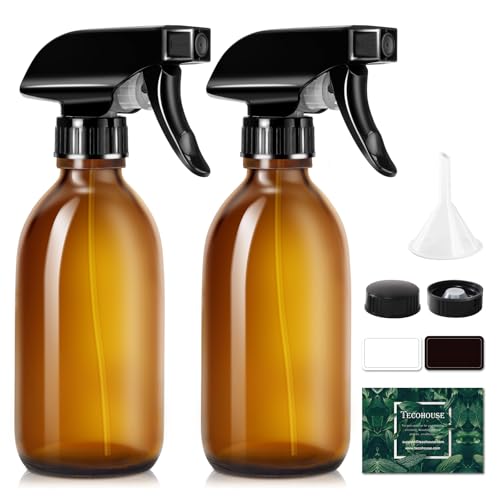 Tecohouse Glass Spray Bottles 8oz, Amber Hair Spray Bottles, 2 Pack Empty Refillable Sprayer Container with Labels, Funnel, Lids, Graduated Pipettes - Handheld Size - color: Amber