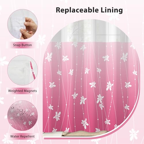 No Hook Shower Curtain with Snap-in Liner, Pink Ombre Bathroom Shower Curtains with Liner Set, Waterproof & Washable, Mesh Top Window, 59" W x 79" L - color: 02 Ombre - Pink, size: 59"W x 79"L (Pack of 1)