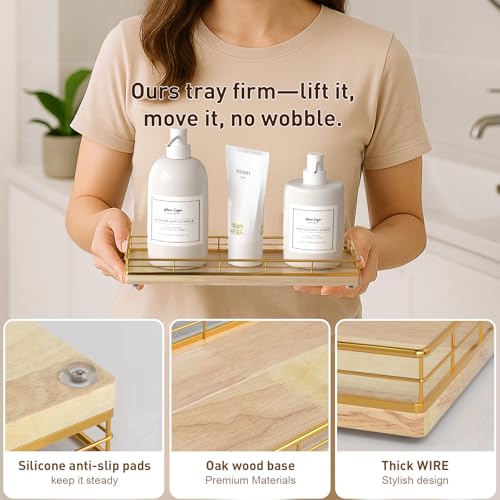 Bathroom Tray for Counter Top Organizer, Oak Wood Vanity Tray | Metal Frame for Dresser, Kitchen & Nightstand, Gold & Oak Decorative Storage - color: Gold & Oak, size: 11" x 4.5" x 1.5"