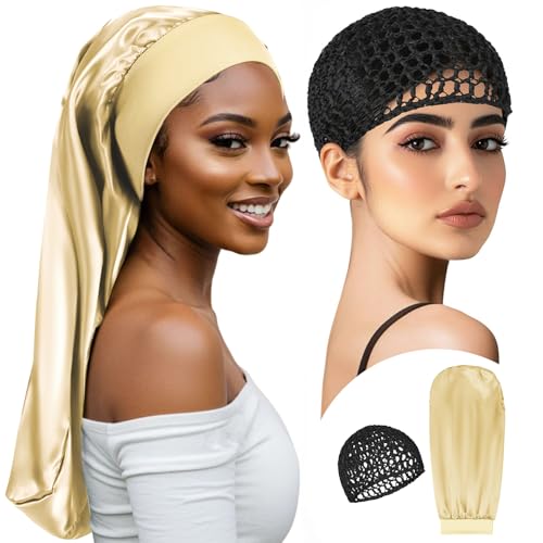 Long Hair Bonnet-Hair Wrap Net for Silk Press Set Braid Bonnet for Sleeping Extra Long Wrap Cap 2 Piece Set Anti Frizz Reusable Elastic Shower Cap for Braids, Curly(black net, gold bonnet) - color: Black Net, Gold Bonnet