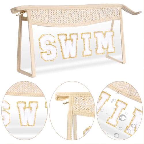 Boho Patch Cosmetic Bag with Zipper, Chenille Varsity Letter Makeup Bag, Clear Travel Pouch, Multi-purpose Small Toiletry Bag for Women Girls (Swim) - style: Swim