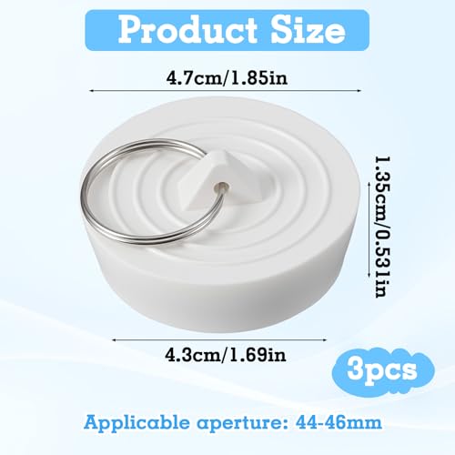 Rubber Sink Stopper, 3 PCS 1-3/4 Inch Bath Tub Drain Stoppers with Hanging Ring Sink Drain Plug Bathtub Drain Cover for Kitchen Bathroom Shower Laundry (White)