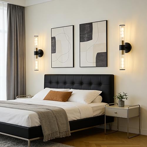 Bathroom Light Fixtures 2 Pack Hardwired, Black Gold Wall Sconce Threaded Glass Vanity Light Featuring Two E26 sockets, Bathroom Wall Light Dimmable - Bulb Not Included, UL Certification - color: Black Gold Threaded Glass-2Pack