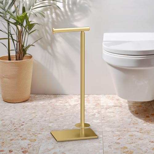 Gatco 1443B, Modern Rectangle Base Freestanding Toilet Paper Holder with Storage, 21.13”H, Brushed Brass - color: Brushed Brass, 21.13"h