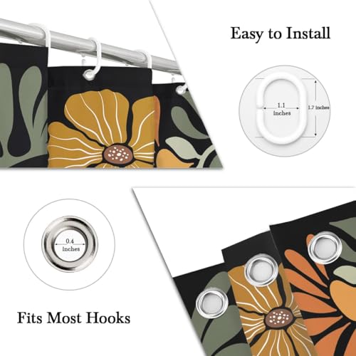 Orange Floral Shower Curtain Standard Black Cute Flower Vintage Farmhouse Rustic Retro Funny Aesthetic Botanical Bohemian Trendy Fabric Cloth Bathroom Decor Set 72x72 Inch Polyester 12 Hooks - color: Black Orange, size: 72"W x 72"L (Pack of 1)