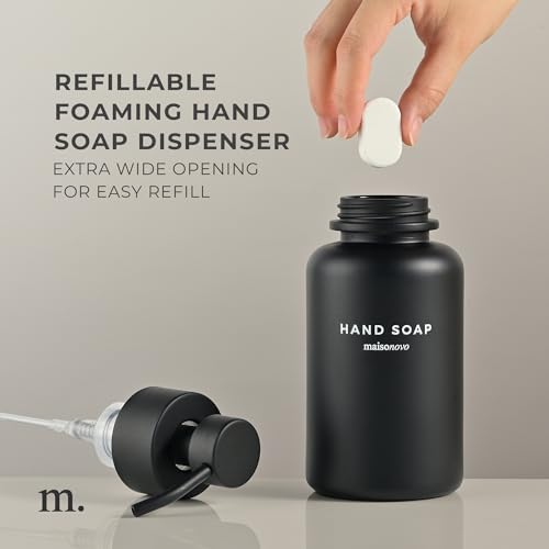 MaisoNovo Glass Foaming Hand Soap Dispenser 14 Oz | Black Foaming Soap Dispenser Black Pump x 1 w/Labels - color: Single Black Bottle With Black Pump