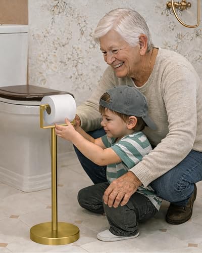 RUACQ Toilet Paper Holder Stand, Modern Freestanding Tissue Roll Holder for Bathroom, Durable 304 Stainless Steel and Weighted Base Toilet Paper Stand (Gold, 1 Pack) - color: Gold, size: Free Standing