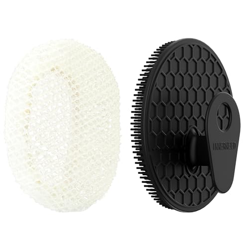 African Net Exfoliating Sponge Case with Silicone Body Brush, Black | 2in1 Quick-Dry Bath Mesh Washcloth Shower Scrubber, Massaging, Cleansing, Skin Smoother, INNERNEED - color: Black