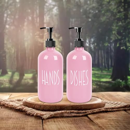 Glass Soap Dispenser with Plastic Pump for Kitchen - 16 OZ Glass Hand Soap Dispenser Set - Kitchen, Bathroom for Decor and Accessories (Pink) - color: Pink