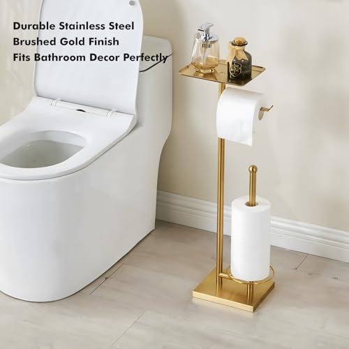 Toilet Paper Holder with Tray At the Top, Heavy-Weighted Base No Wobbly, Freestanding Toilet Paper Rolls Stand, Hold Extra 3 Paper Rolls On the Base (Gold) - color: Gold