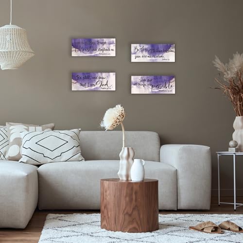 4 Pcs Purple Bathroom Decor Christian Wall Art Abstract Bible Verse Wall Decor Rustic Inspirational Wood Bathroom Accessories For Bedroom Kitchen Office(10 x 4 Inches, Purple) - color: Purple