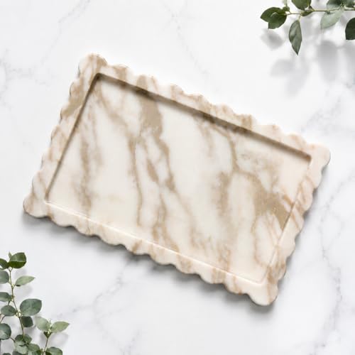13.6" x 9.6" Large Genuine Calacatta Gold Scalloped Marble Tray, Pre-Sealed for Stain & Water Resistance, Luxury Decorative Trays for Vanity, Bathroom, Dresser, Coffee Table, Home Decor - color: Calacatta Glod