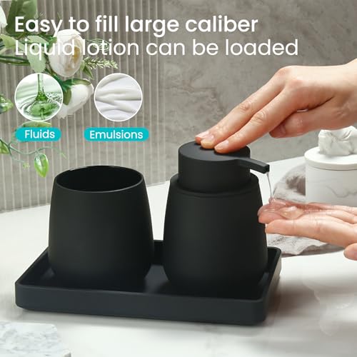 Black Bathroom Accessories Set, Modern 3 Pcs Bathroom Essentials - Soap Dispenser, Toothbrush Holder & Tray, Countertop Vanity Organizer (Black) - color: Black