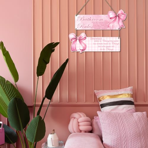 Bow Bathroom Decor, Pink Bow Decor, 2-Piece Set of Fun Bathroom Signs, Suitable for Teen Bedrooms and Teen Girls Bedrooms, Rustic Style Wooden Signs, Gifts for Daughters and Besties