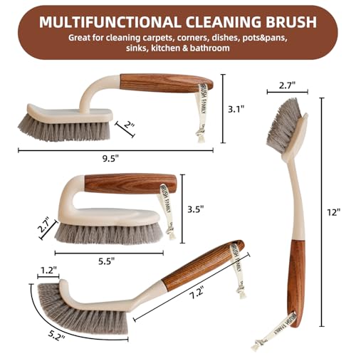 4-Pack Heavy Duty Scrub Brushes Set with Wooden Handles, Triangle & Square Floor Scrubber, Dish Brush, Grout Cleaner for Kitchen, Bathroom, Tile, Carpet & Stubborn Stains Removal
