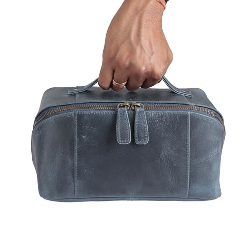 KomalC Luxury Leather Men’s Toiletry Travel Bag – Handmade Shaving Kit with Waterproof Interior, Spacious Storage & Carry Handle – leather travel Kit Bag for Men & Women (Blue) - color: Blue