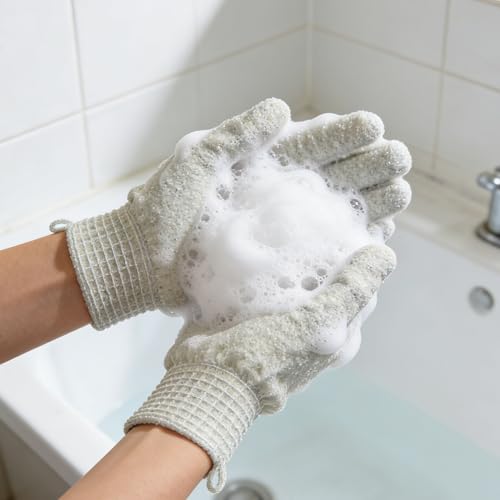 Exfoliating Bath Gloves 2 Pairs - Heavy Texture Body Scrub Gloves for Shower, Spa, Massage and Body Scrubs, Dead Skin Remover, Washing Gloves with Hanging Loop(Beige) - color: Beige