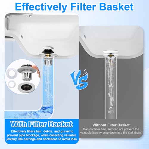 Universal 4 in 1 Bathroom Sink Stopper with Removable Filter Basket, Pop Up Pure Copper Bathroom Sink Drain Strainer, Anti-Clogging Bathroom Drain Stopper Sink Plug for 1.06"-1.65" Basin Drain Holes - color: Silver With Removable Basket
