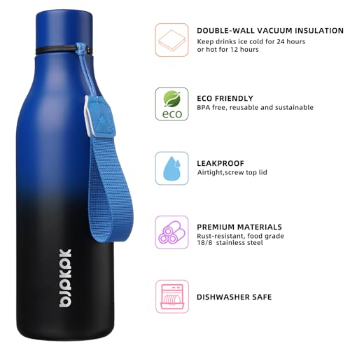 BJPKPK Insulated Water Bottles, 18 oz Stainless Steel Metal Water Bottle with Strap, BPA Free Leak Proof Jugs, Mugs, Flasks, Reusable Thermal Flasks for Sports & Travel, Blue Black - color: Blue/Black, size: 18 Ounces, style: 18oz
