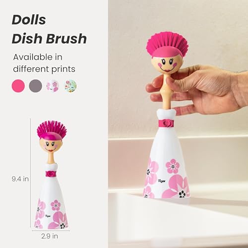 Vigar Dolls April Dish Brush with Ergonomic Handle and Dres-shaped Storage Holder - Scrub Brush for Pans, Pots, Kitchen Sink Cleaning, White, Pink - color: White, Pink