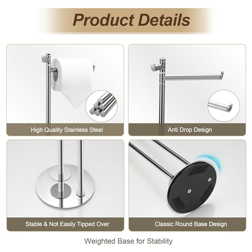 BVL Freestanding Toilet Paper Holder with Hook, Polished Chrome Stainless Steel Weighted Toilet Paper Holder Stand, Bathroom Freestanding Toilet Paper Holder Holds 5 Rolls - color: Chrome